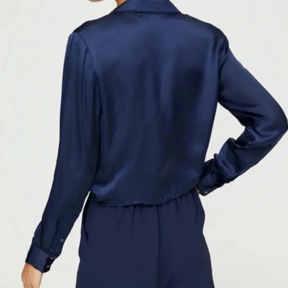 Wilfred Aritzia Blue Satin Cupro Tie-Front Collard Blouse Women's Size XXS - Picture 15 of 17